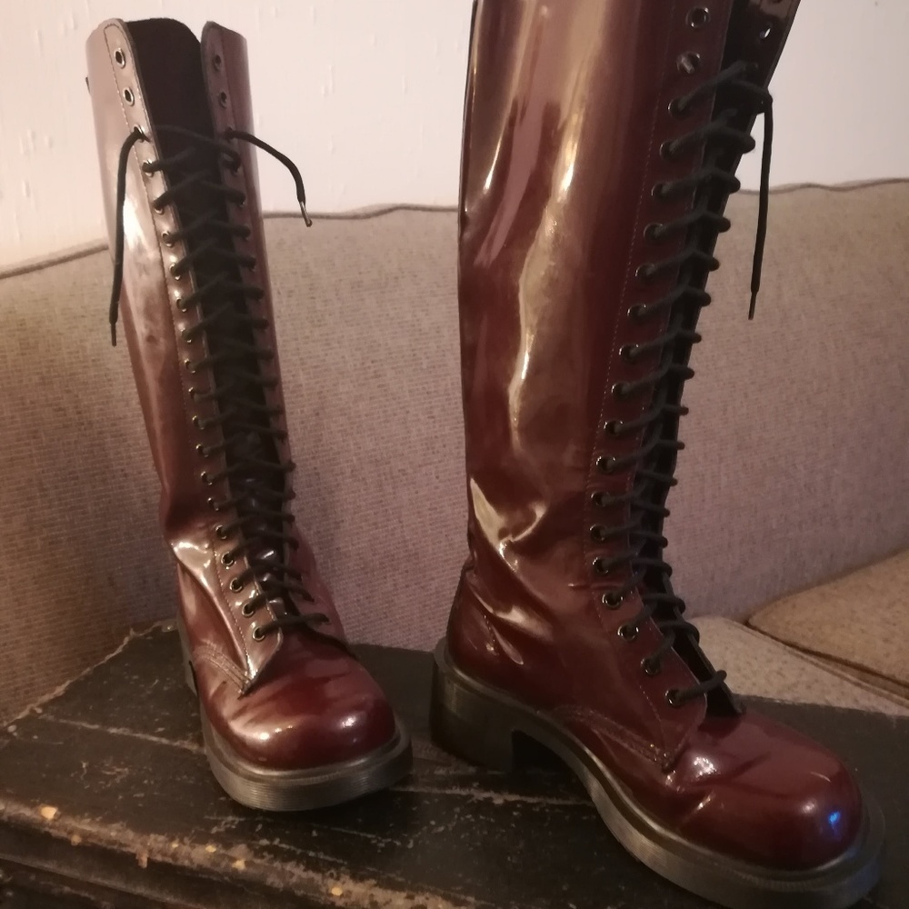 Dr. Martens 20 eye Burgundy Red Tall Patent Boots